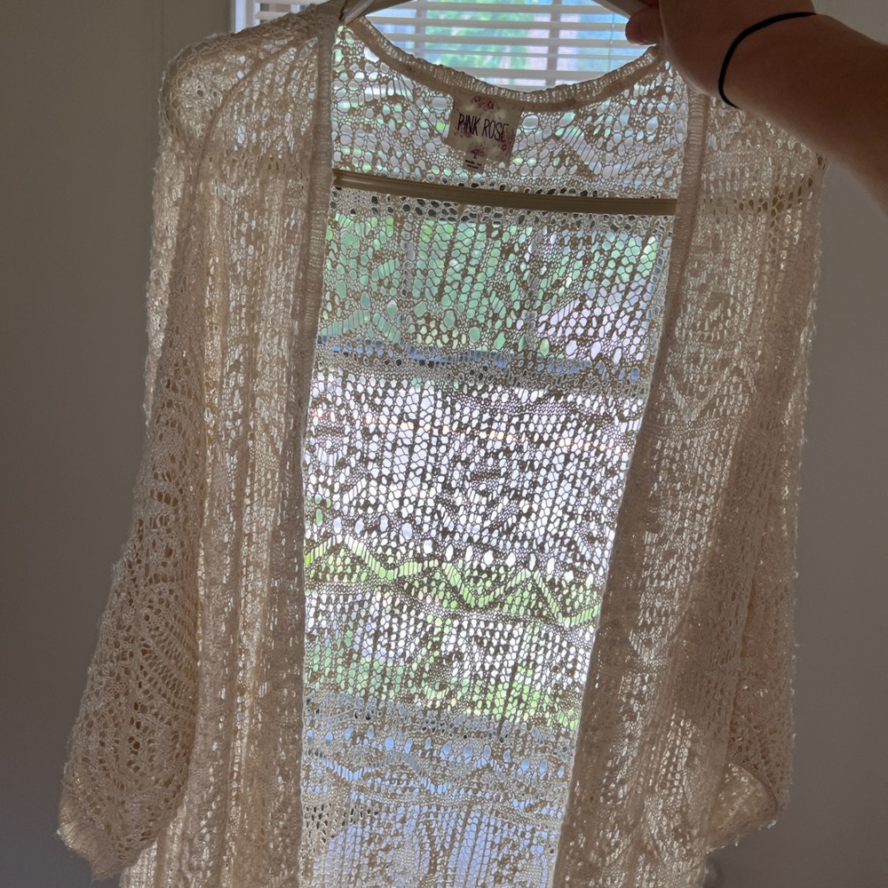 Crochet Pointelle Longline Cardigan Womens Large Cream Ivory Festival Boho Soft - Picture 11 of 14